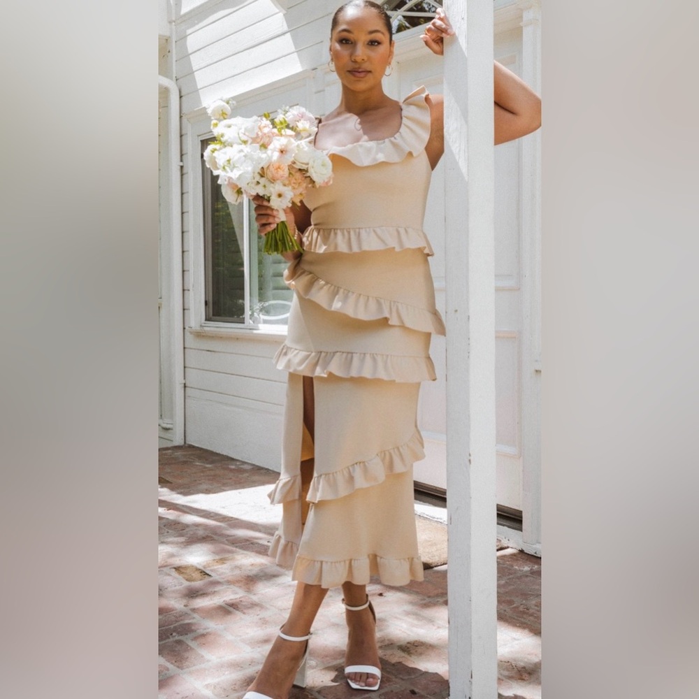 Show Me Your Mumu Greta Ruffle Tiered Midi Dress Champagne size XL (10-12) NWT